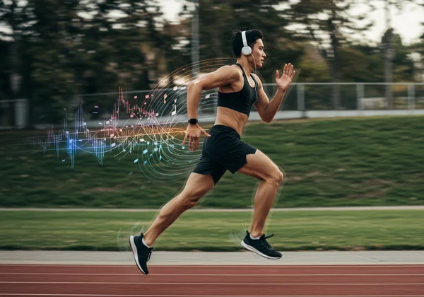 Runner with headphones, in sync with a digital metronome beat.