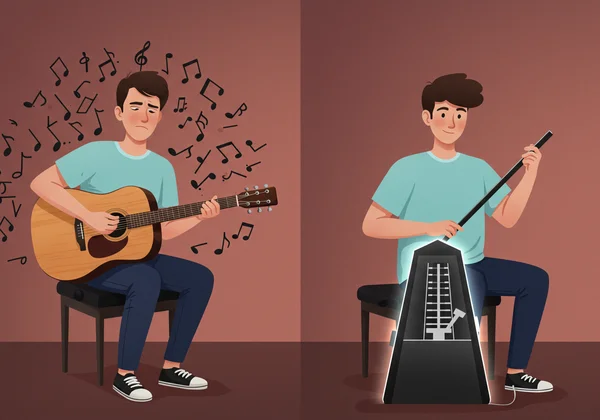 Musician transforming from struggling to confident with metronome.