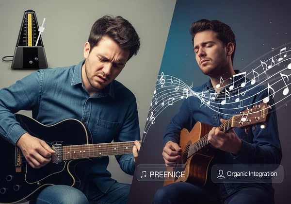 একজন সঙ্গীতজ্ঞ রোবোটিক অনুভব করছেন বনাম একটি মেট্রোনোমের সাথে বাজাচ্ছেন