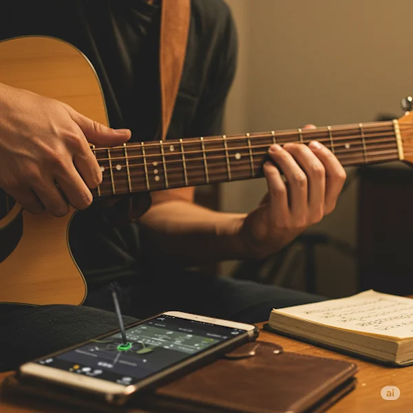 Close-up of hands practicing music with metronome nearby.