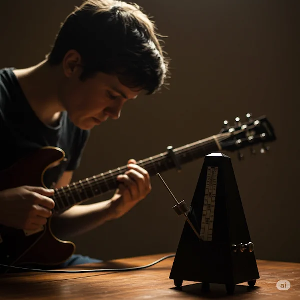 Musician practicing instrument with a visible metronome.