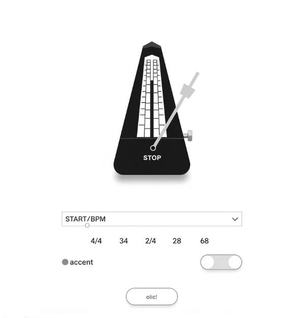 Online metronome interface with BPM and time signature controls.