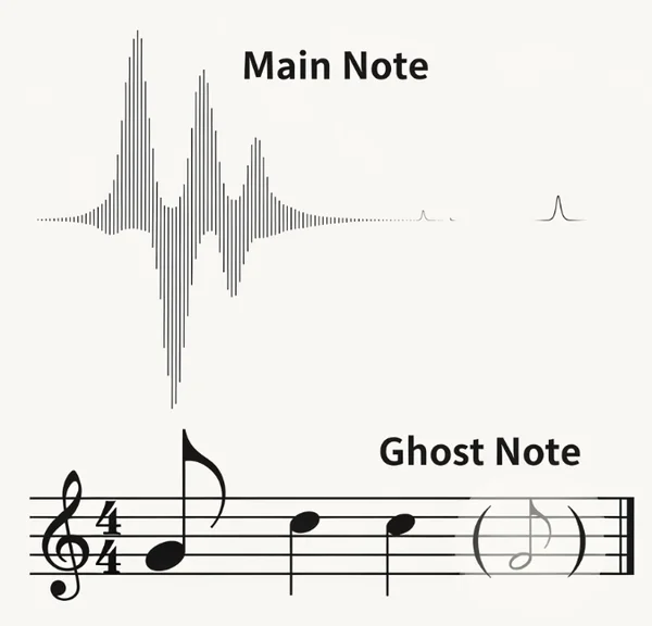 Visuele weergave van het dynamische verschil tussen ghost note en main note