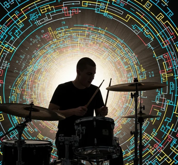 Drummer intensely focused on complex polyrhythm practice