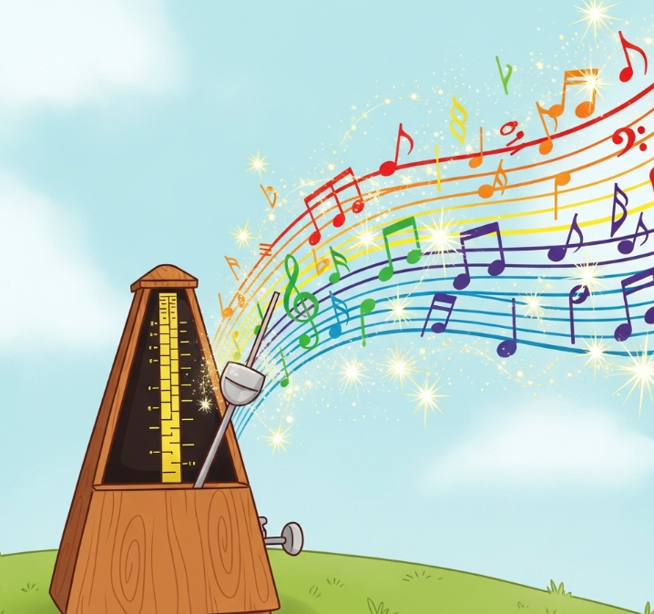 Conceptual image of a metronome sparking musical notes and ideas