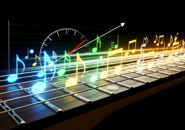Frettier de guitare avec des notes de musique, représentant l'augmentation de la vitesse.