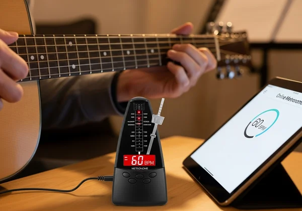 Un guitariste pratiquant des accords avec un métronome à ses côtés.
