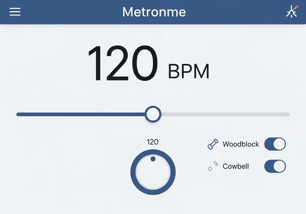Interface de métronome en ligne propre avec BPM et signature rythmique.