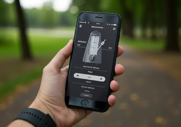 オンラインメトロノームアプリのインターフェースを表示するスマートフォン。