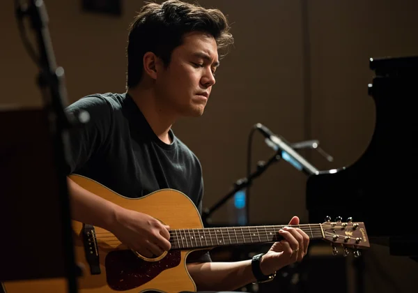 Musician practicing with intense focus and visual cues