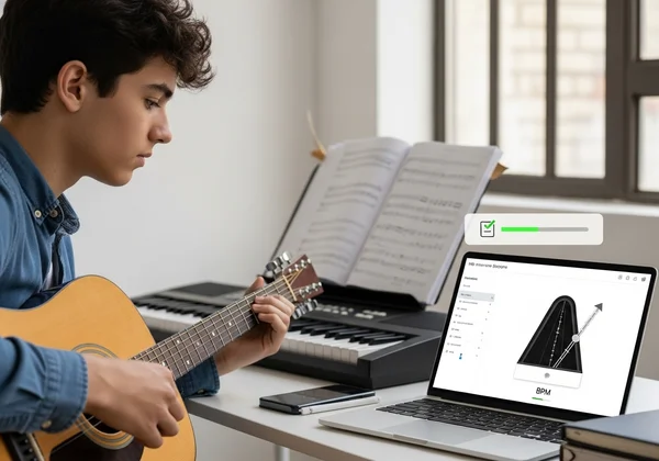 Student doing homework with metronome and tempo goals